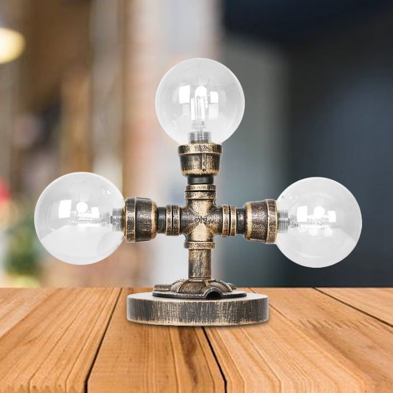 Lampada da scrivania industriale con paralume rotondo Illuminazione da lavoro in vetro trasparente/ambrato a 2/3 lampadine in argento antico/bronzo con base