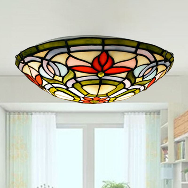 Red Flower Round Flush Mount Tiffany Stained Art Glass Ceiling Light for Bedroom