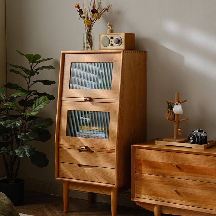 Contemporary Cabinet Solid Wood with Glass Doors and Drawers Accent Cabinet