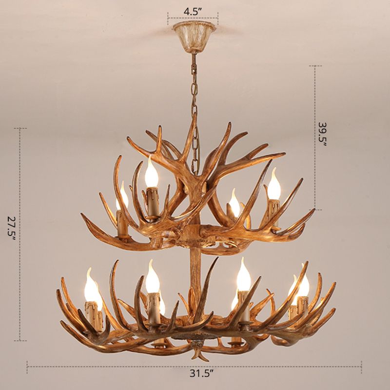 Resin Candle Suspension Light Country Style Restaurant Chandelier with Antler Deco
