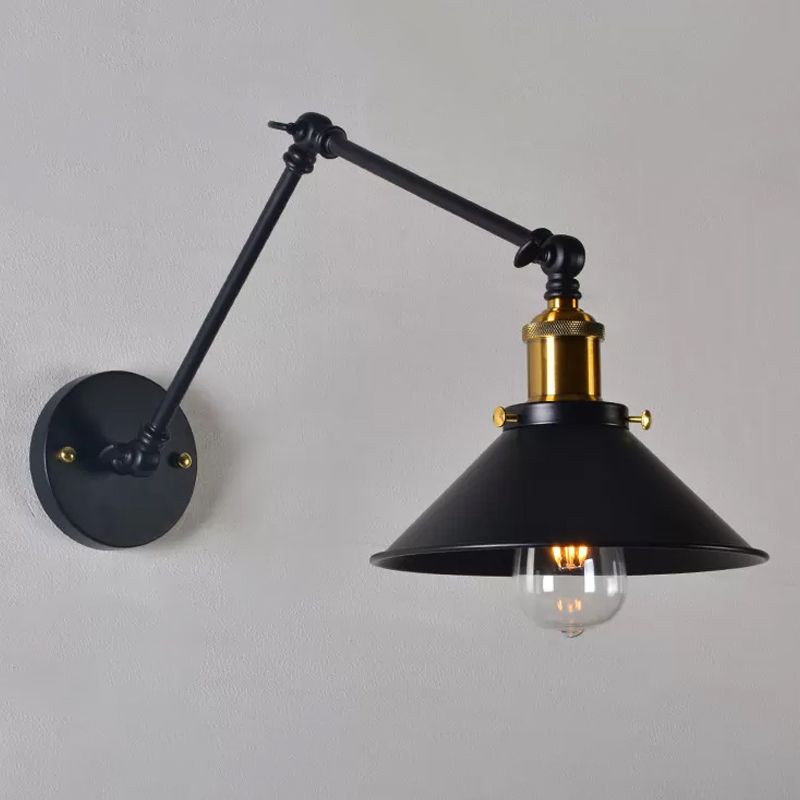 Eisenschwarz/Weiß-Brass-Lesen Wandlampe konische 1-Licht-Fabrikwandbeleuchtung mit 8 "+8"/12 "+12" breiter Schwungarm
