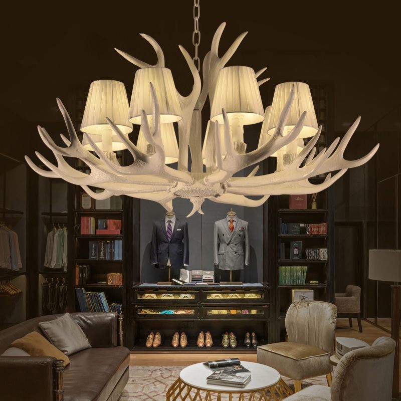 8 Heads Resin Chandelier Rustic Style White Cone Shade Living Room Pendant Light with Antler