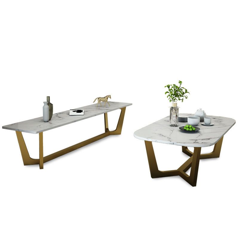 Glam Trestle Coffee Table White Marble Coffee Cocktail Table