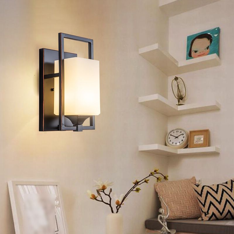 Retro Metal Wall Light Black 1 Light Wall Sconce with White Glass for Living Room