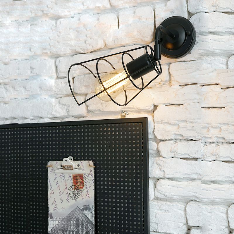 Black Cone Cage Rotating Wall Lamp Industrial Metal 1 Head Bedroom Sconce Wall Lighting