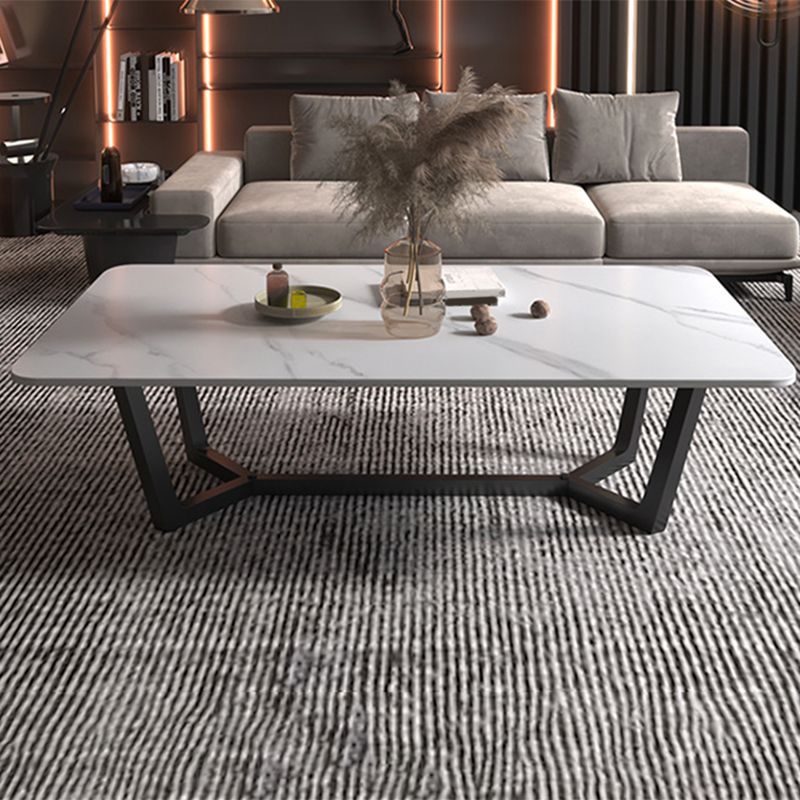 Glam Style Rectangular Slate Table with Trestle Shaped Base Design Coffee Table