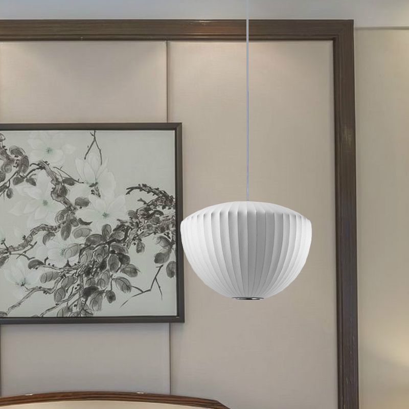Ribbed Bowl Rayon Pendant Lighting Minimalist 1-Light White Ceiling Hanging Light for Lounge