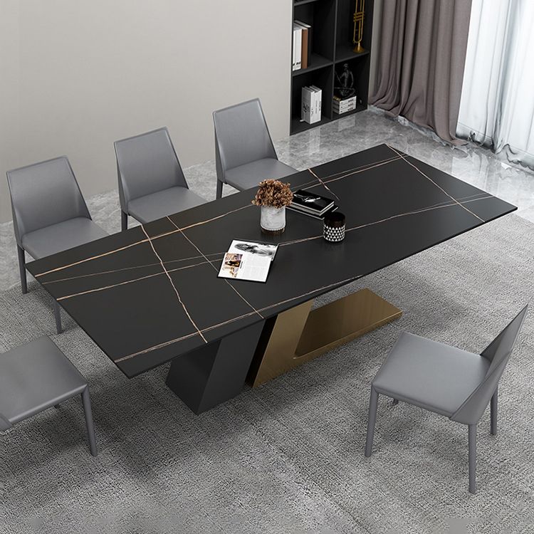 Gold Metal Base Rectangle Table Modern Black and White Sintered Stone Top Dining Table