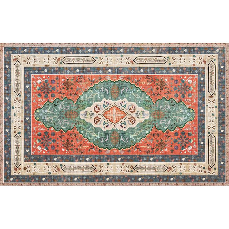 Persian Moroccan Rug in Orange Medallion Flower Pattern Rug Polyester Washable Anti-Slip Carpet for Home Decoration