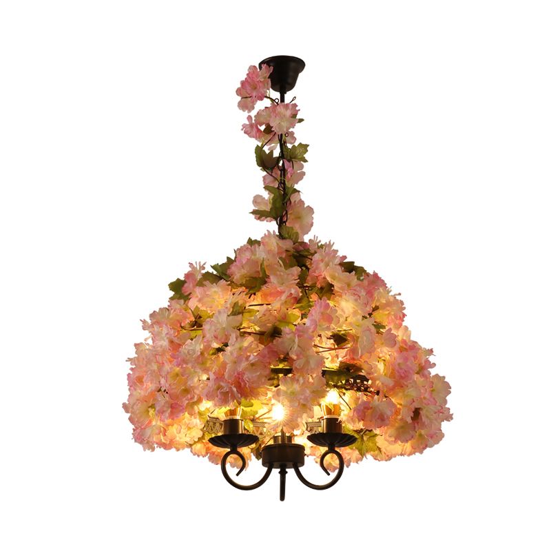 Vintage Bowl Chandelier Light Fixture 3 Heads Metal Flower Pendant Lamp in Pink for Restaurant