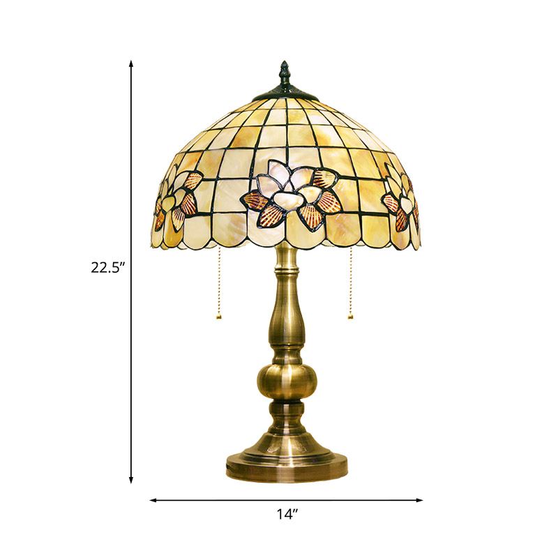 Lotus Blossom Gridded Tischleuchte 2-Licht-Schale Victorian Style Lampe mit Pull-Kette in gebürstetem Messing