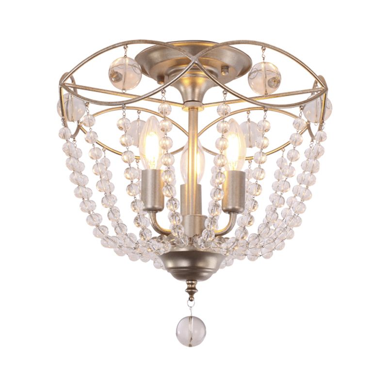 Candle Hallway Semi Flush Light Traditional Metal 3 Lights Gold Ceiling Light with Crystal Strand