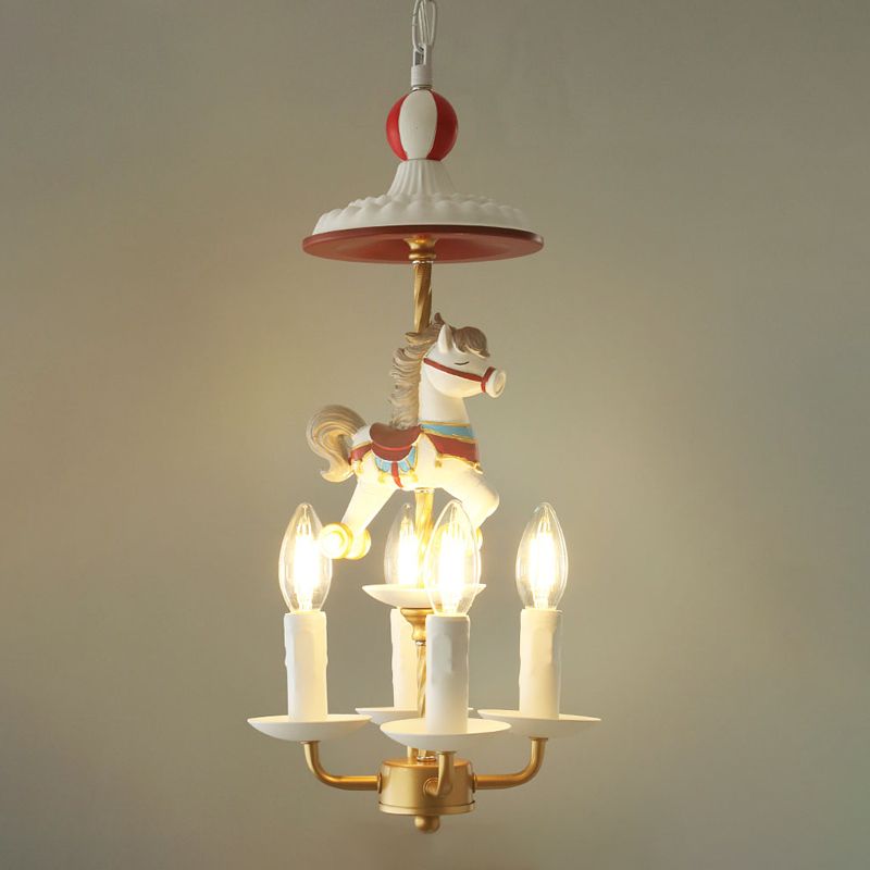 Kids Style Candle Chandelier Metal 4-Light Bedroom Hanging Lamp with Horse Top in White