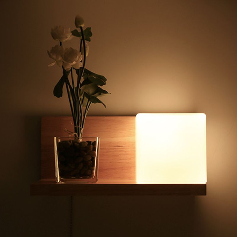 Nordic Style Solid Wood Wall Sconce White Square Glass Shade Wall Mount Light with Hand-pull Switch
