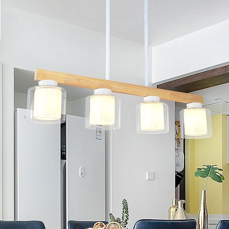 Double Glass Cylinder Shade Island Lighting Restaurant 3/4-Head Nordic Wooden Linear Pendant in White