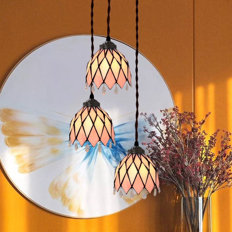 Victorian Bowl/Morning Glory Hanging Light Kit 3 Lichter rosa Buntglas Cluster Anhänger für Esszimmer