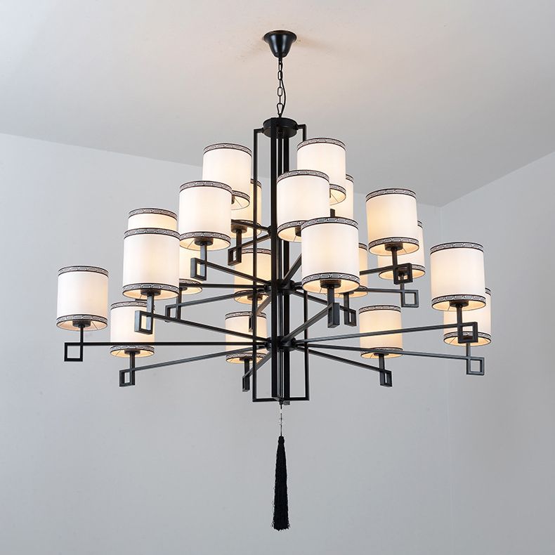 Cylindrical Fabric Suspension Lamp Retro Lobby Living Room Chandelier with Tassel