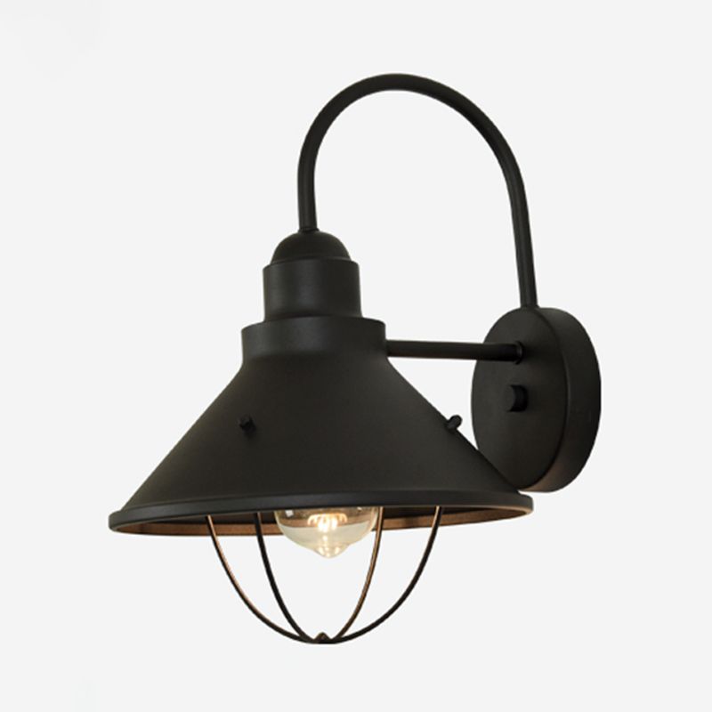 1 Light Wide Flare Lighting Fixture Industrial Black Metal Sconce Light with Cage for Outdoor