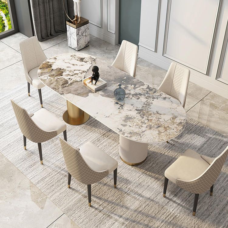 Traditional Luxury Sintered Stone Top Dining Table in White Oval Table with Double Pedestal