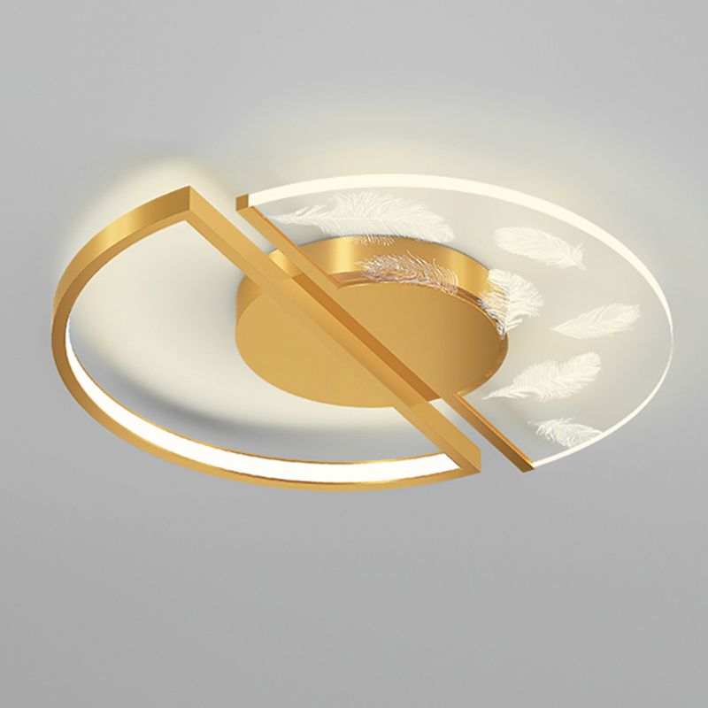 Gold Circular Feather LED Ceiling Light in Modern Luxury Style Acrylic Flush Mount for Bedroom