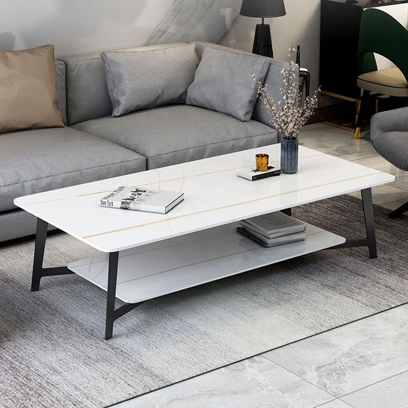 Modern White/Black Rectangle 4 Legs Coffee Table Slate and Metal Table