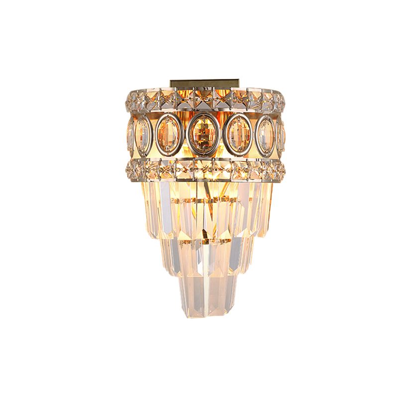 Crystal Tapered Wall Lighting Postmodern 2 Lights Living Room Flush Mount with Gold Circle/Grid Frame