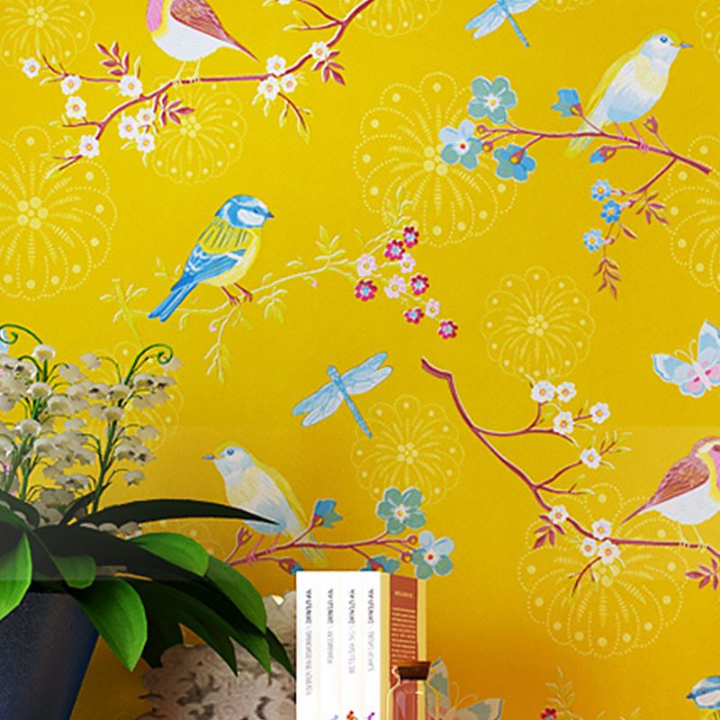 Non-woven Wall Decor Non-Pasted Dragonfly and Flower Wallpaper for Accent Wall