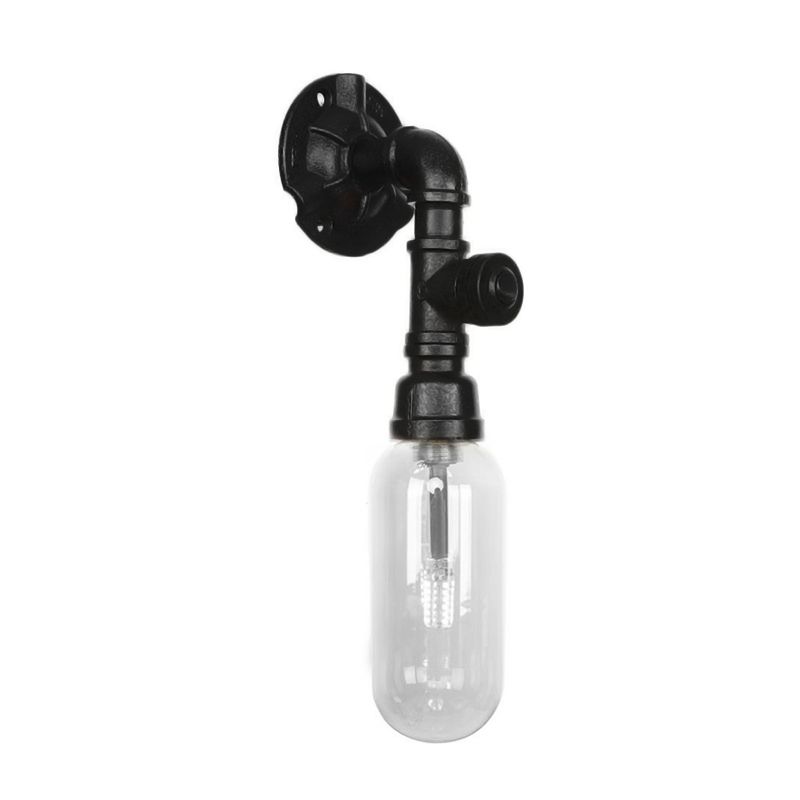 Industrial Capsule Shade Sconce Light Fixture Single Bulb Clear Glass Wall Mounted Pipe Light in Black