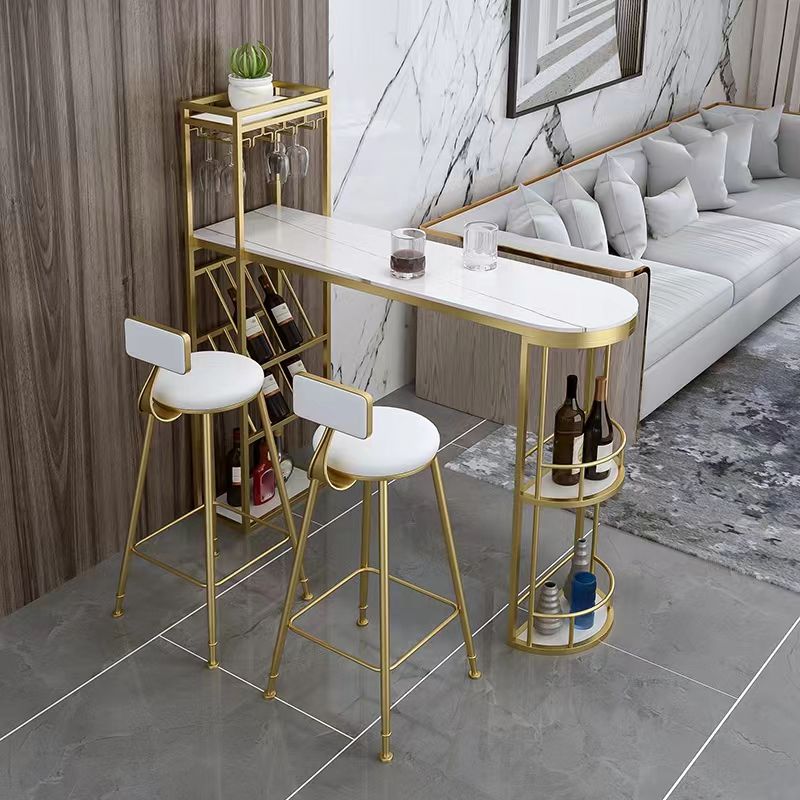 Contemporary Bistro Accent Dining Table Stone and Metal Bar Table with Wine Rack