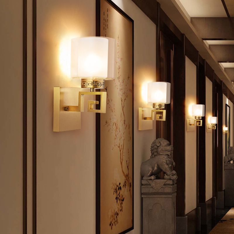 Brass Finish Drum Wall Mount Lamp Modern Style Double Glass 1 Light Hallway Wall Sconce