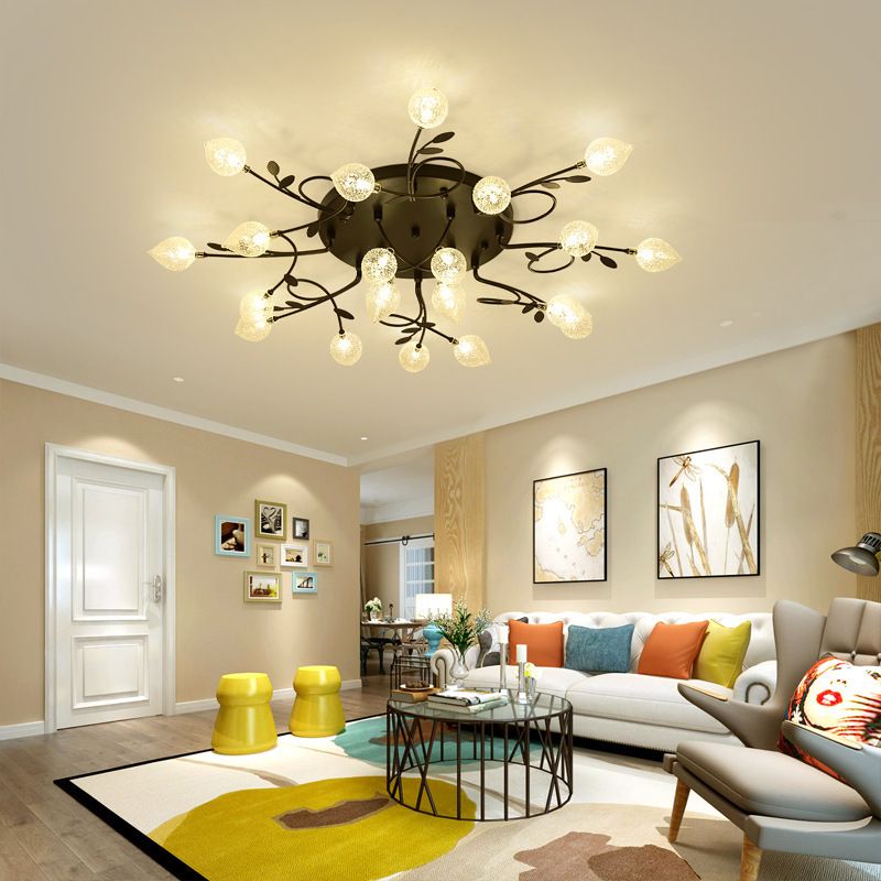 Branch Bubbled Glass Ceiling Lighting Contemporary 8/12/16/20 Lights Black/Gold Flush Mount Ceiling Fixture with Metal Arm