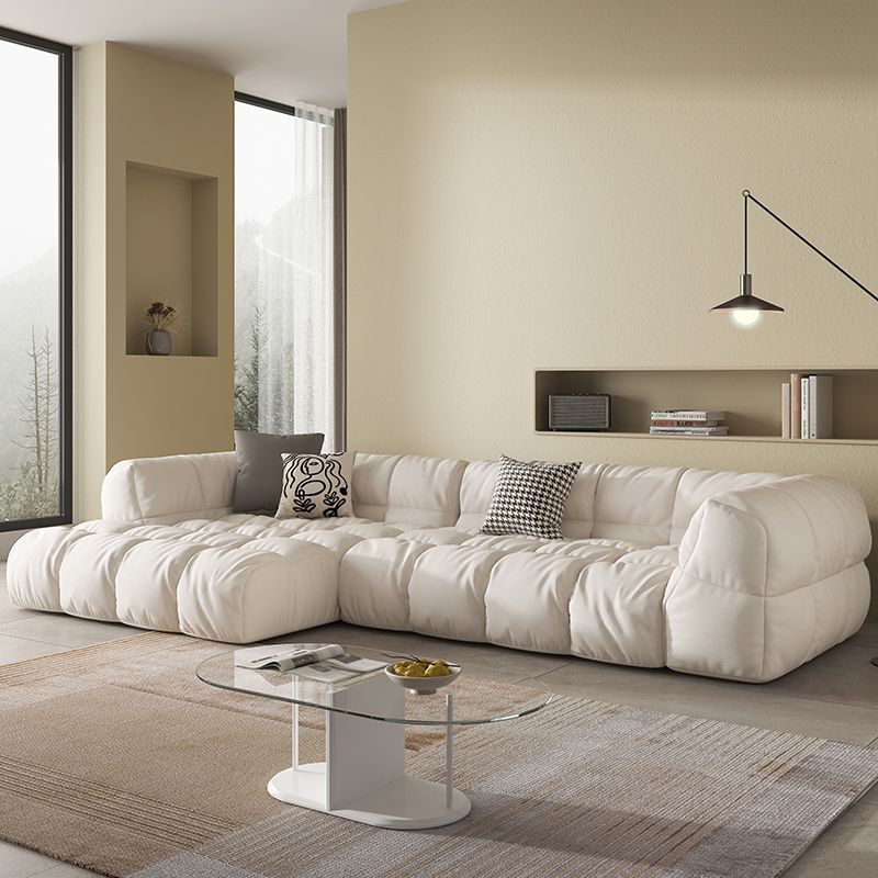 Modern Simple Square Arm Sofa & Chaise in White Biscuit Back Sectional Sofa