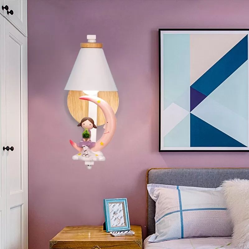 Funnel Shade Wall Light con Little Kid Deco 1 Testa adorabile Sconce da parete in metallo per camera da letto per bambini