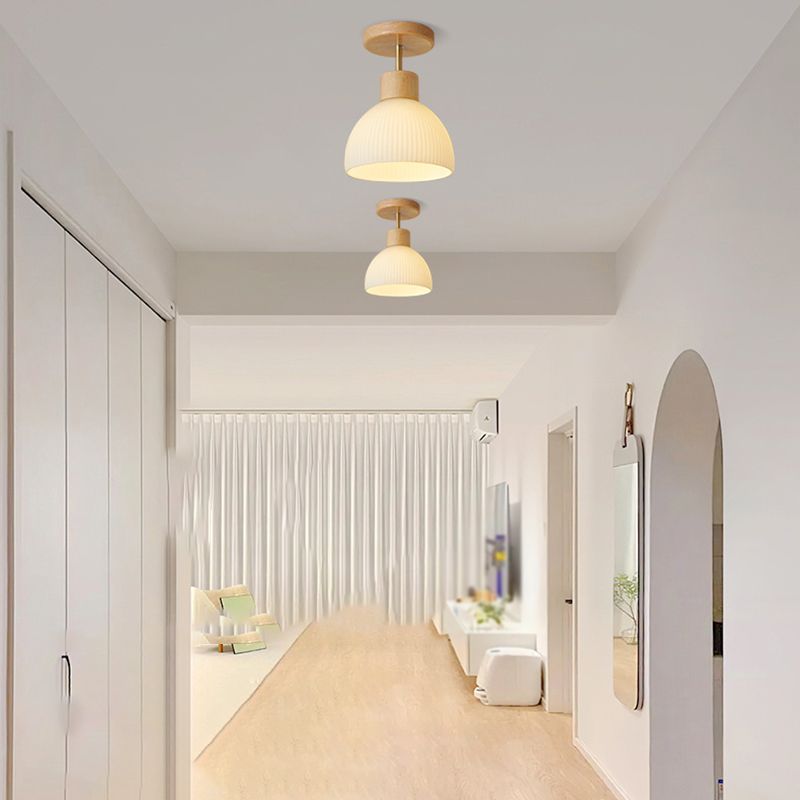 Contemporary Wood Ceiling Light White Shaded Flush Mount Lighting for Home