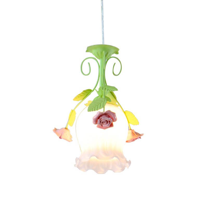Pink 1 Head Hanging Ceiling Light Rural Opal Glass Scallop Suspension Pendant with Flowers Deco