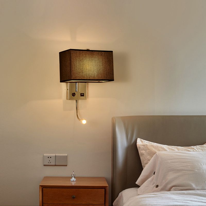 Adjustable Modern Metal Wall Sconce Rectangle Wall Light with Fabric Shade for Bedroom