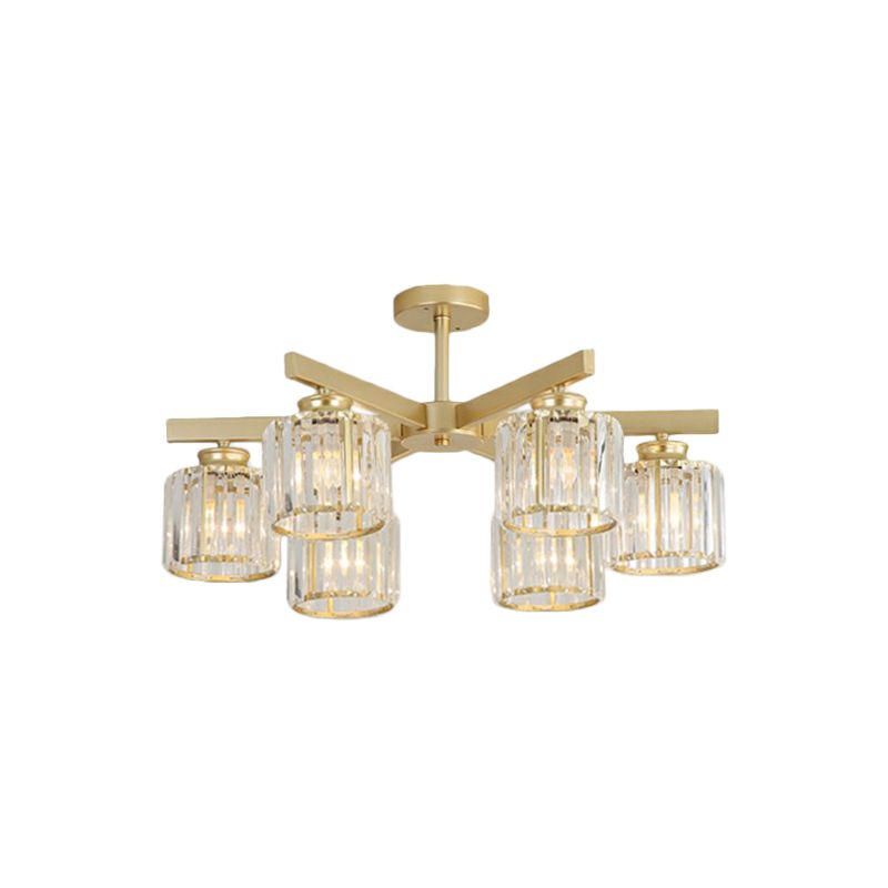 Crystal Cylinder Ceiling Mounted Light Minimalistic Golden Semi Flush Mount Fixture for Bedroom
