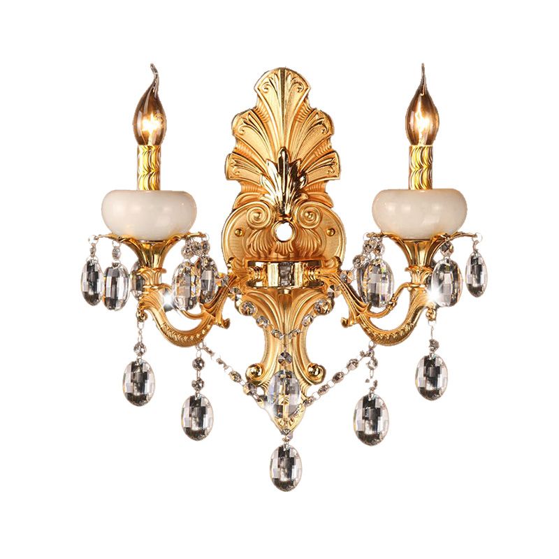 Gold Candle Sconce Light Traditional Metal 2 Heads Living Room Mur Mount Lumière avec Crystal Drop