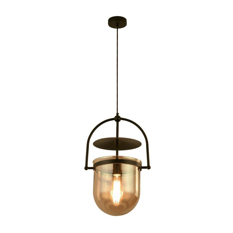 Lampada industriale a sospensione singola vintage lampada in ferro laccata con tonalità in vetro ambra