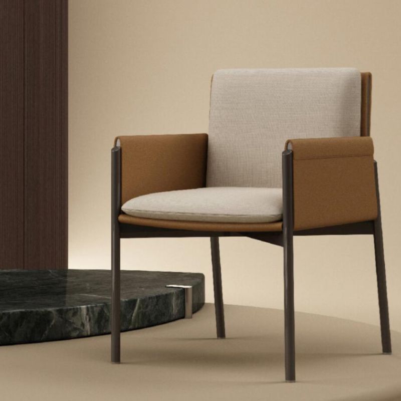 Faux Leather Dining Chair Upholstered Arm Chair with Metal Base