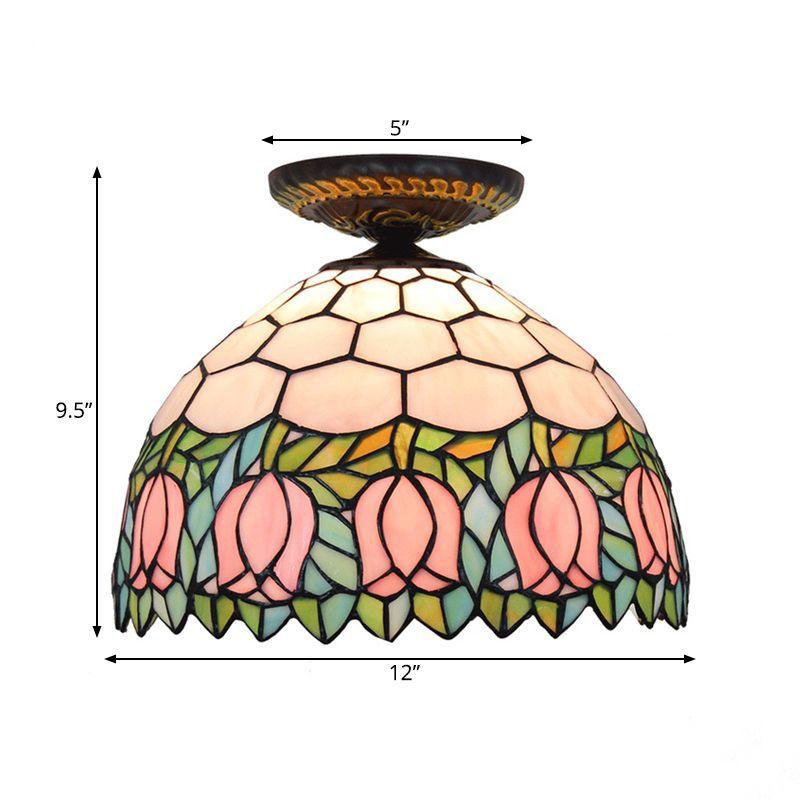 Plafonnier floral en verre teinté de style Tiffany, éclairage encastré en bronze à ampoule unique