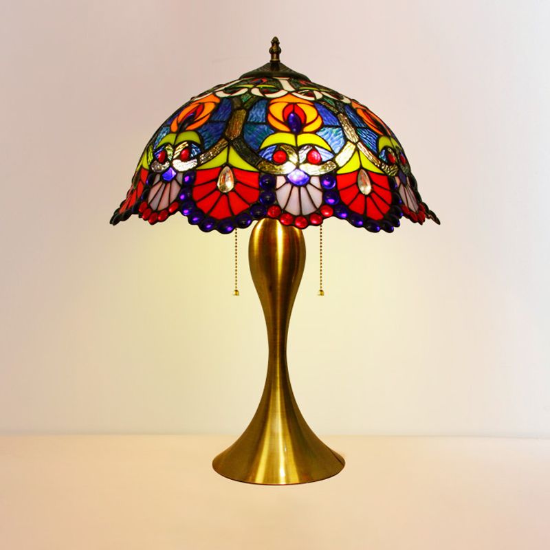 Victorian Dome Night Light 1 Bulb Stained Glass Desk Lighting with Beaded Deco in Brass, Pull Chain