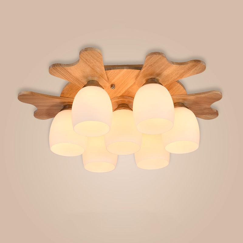 Cream Glass Bell Flush Ceiling Light Nordic 1/5/7-Head Semi Mount Lighting with Antler Top in Wood