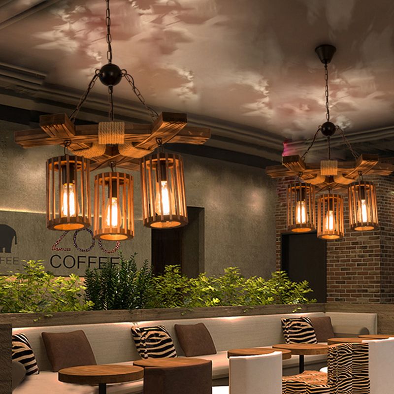 Cilindro de iluminación de araña marrón de madera Kit de luz colgante vintage de 3/6 luces con haz de rama