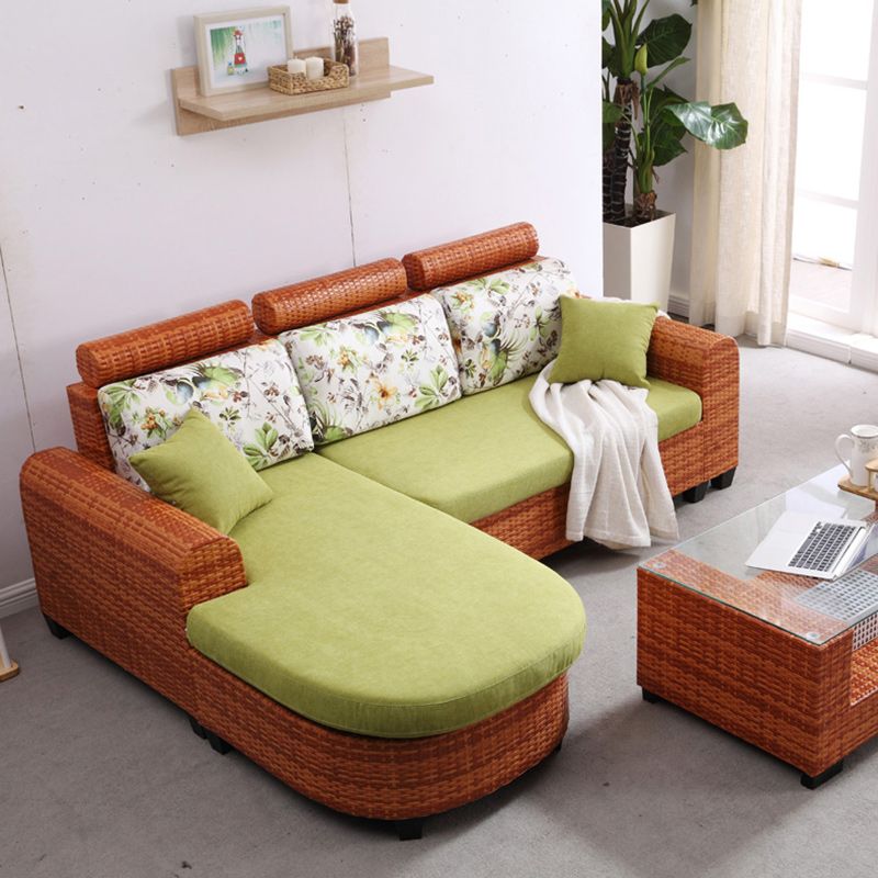 3-Seater Tropical Rattan Sofa with Chaise Brown Scroll Arm Loose Back Sofa