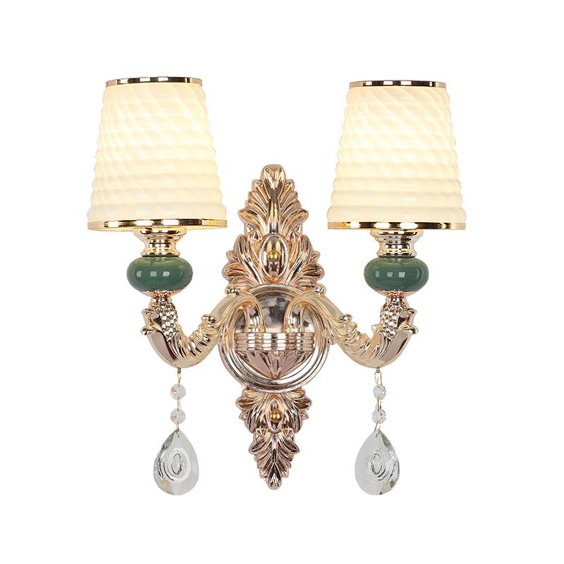 Traditional Tapered Wall Mount Light Textured Glass Wall Light Fixture with Hanging Crystal in Gold