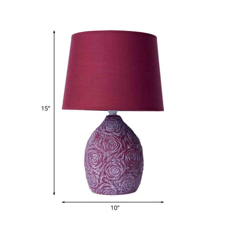 Rural Carved Rose Pot Night Lamp 1 Head Ceramic Table Light with Tapered Drum Shade in Purple and Red