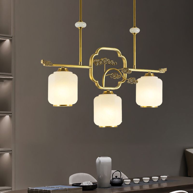 Accesorios de iluminación de la isla de cilindro modernos de vidrio blanco 3 iluminación colgante