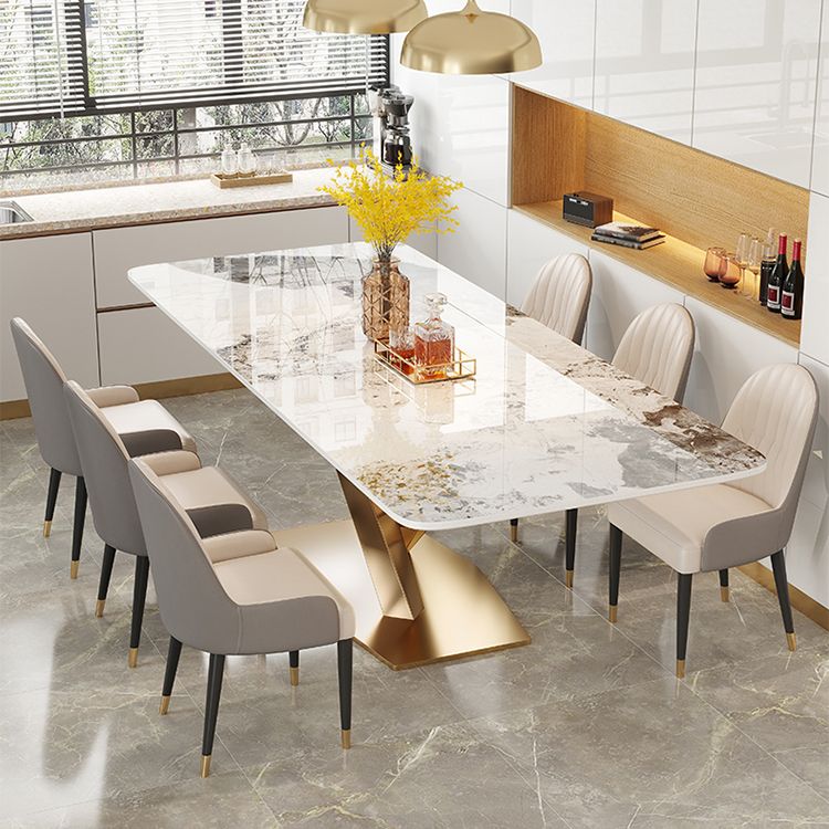 Mesa de comedor de piedra sinterizada de lujo Mesa blanca rectangular con pedestal de metal