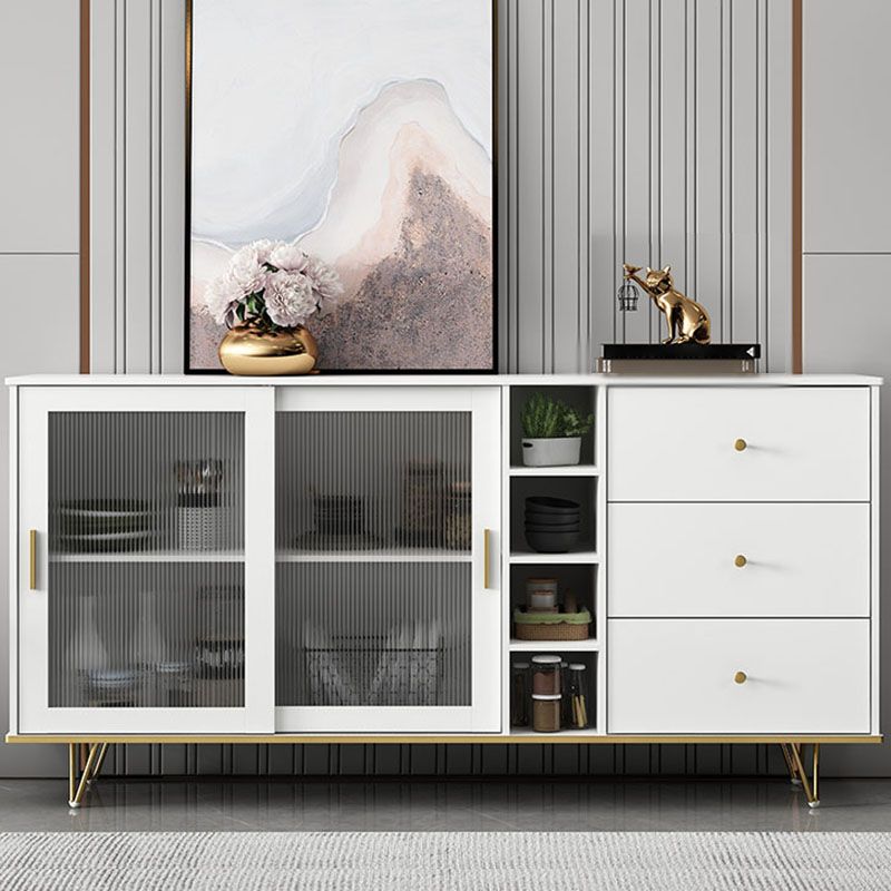 Glam Living Room Buffet Stand MDF Adjustable Shelving Sliding and Glass Doors Credenza